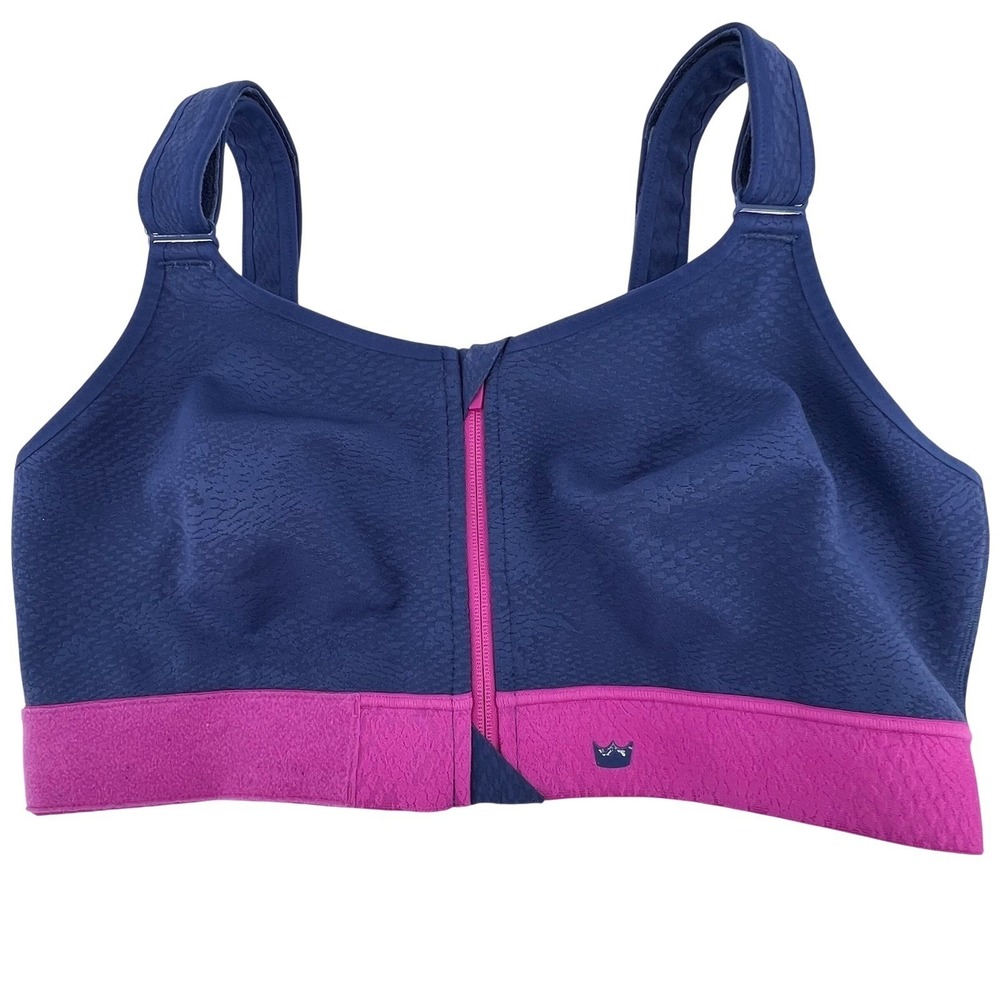 SHEFIT Ultimate Sports Bra Navy Blue Magenta Pink Front Zip High Impact 4Luxe